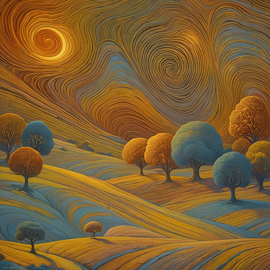 Vibrant Landscape with Swirling Hills and Stylized Trees
