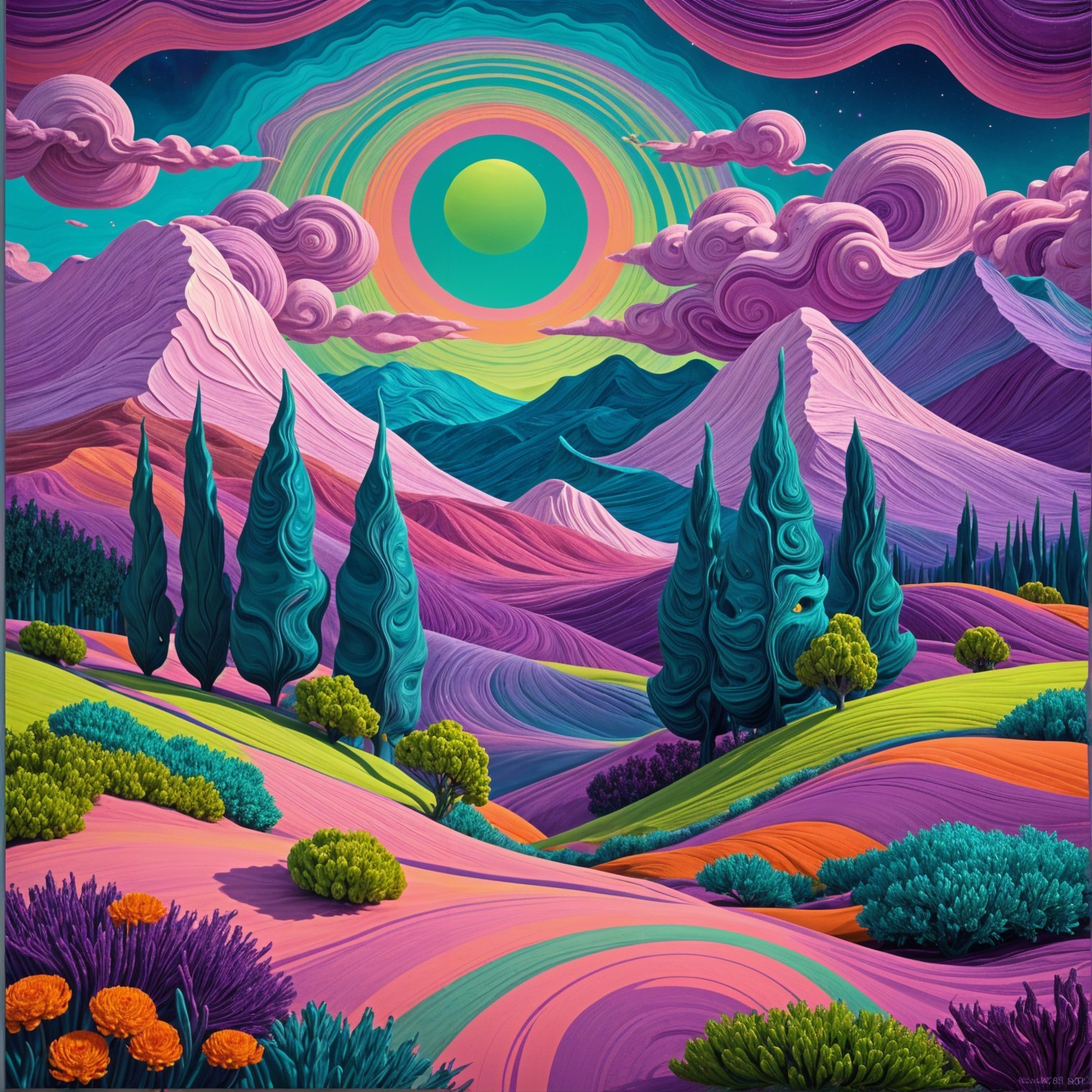 Surreal Landscape with Colorful Flora and Mountains