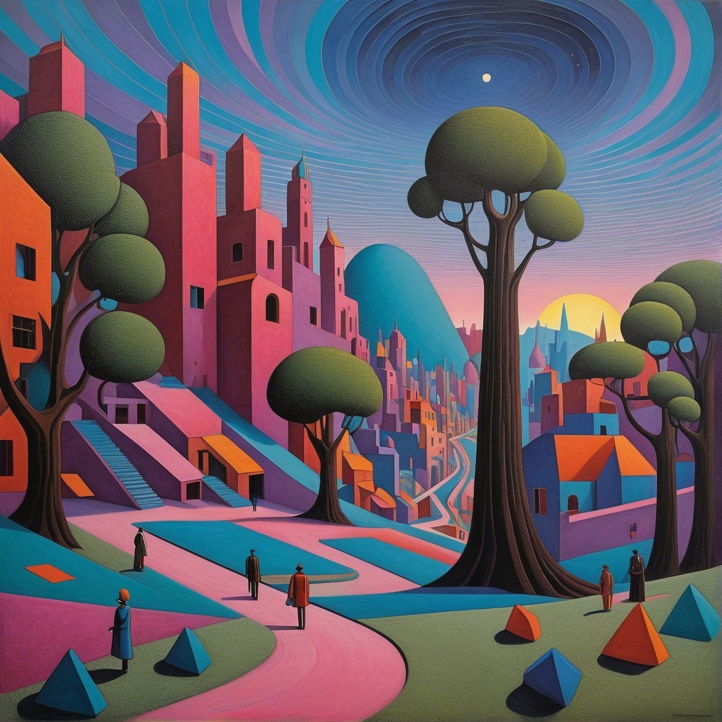 Surreal Cityscape with Colorful Buildings and Trees