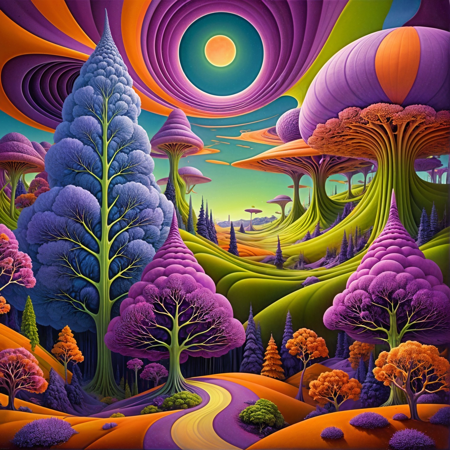 Surreal Landscape with Oversized Mushroom Trees