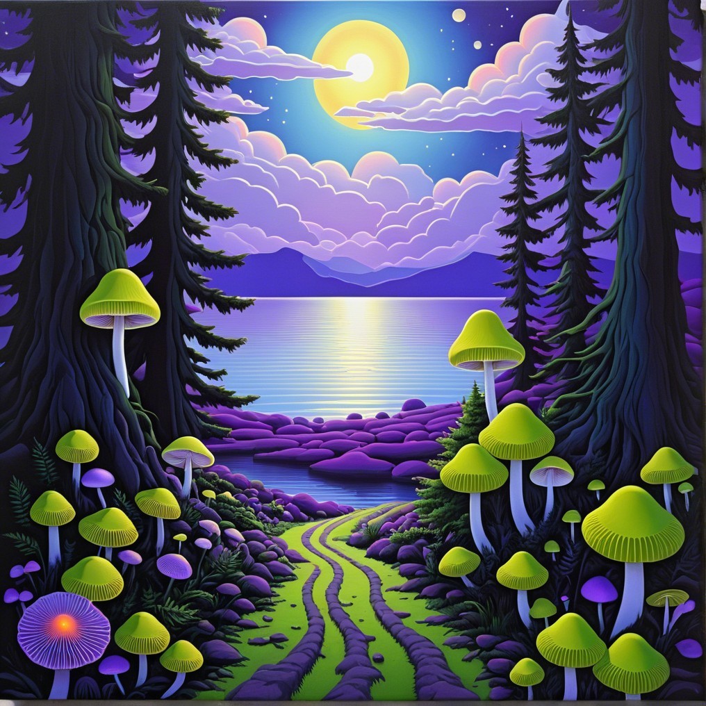 Serene Landscape with Moonlit Lake and Vibrant Mushrooms