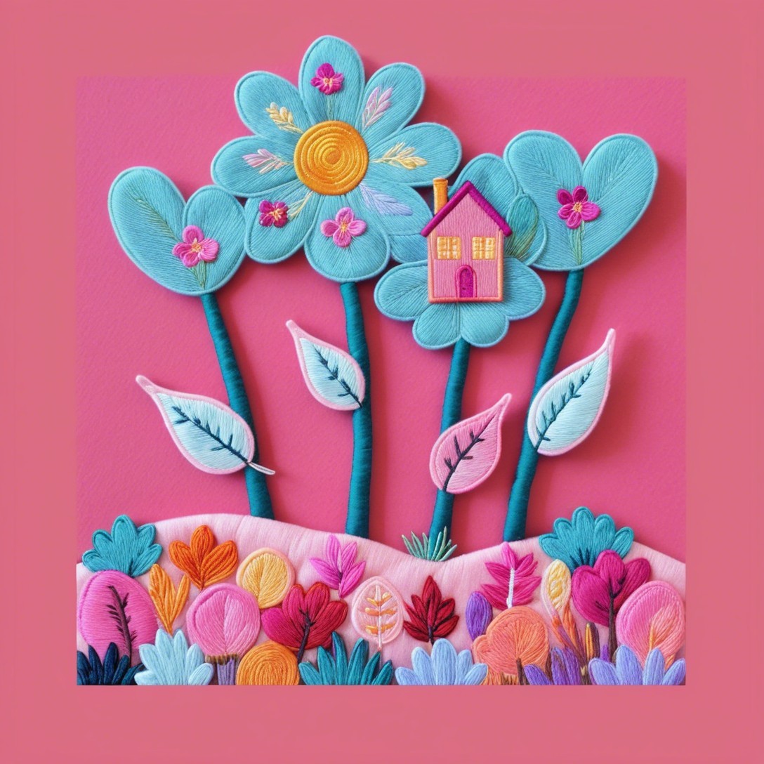 Whimsical Embroidered Landscape with Colorful Flowers