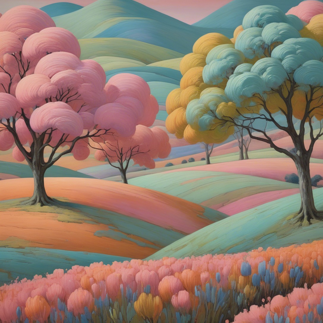 Vibrant Landscape with Pastel Hills and Whimsical Trees