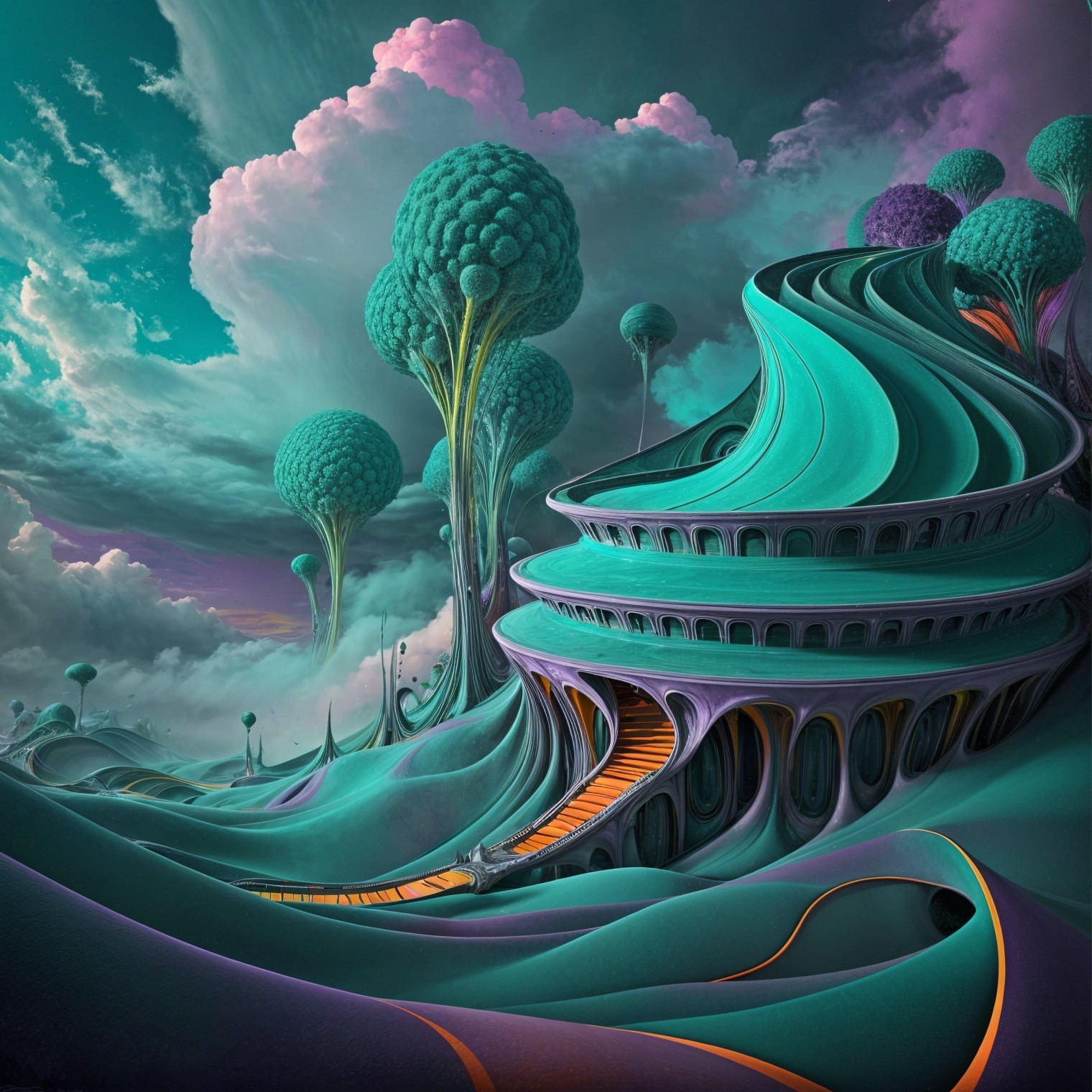 Surreal Landscape with Vibrant Teal and Purple Hues