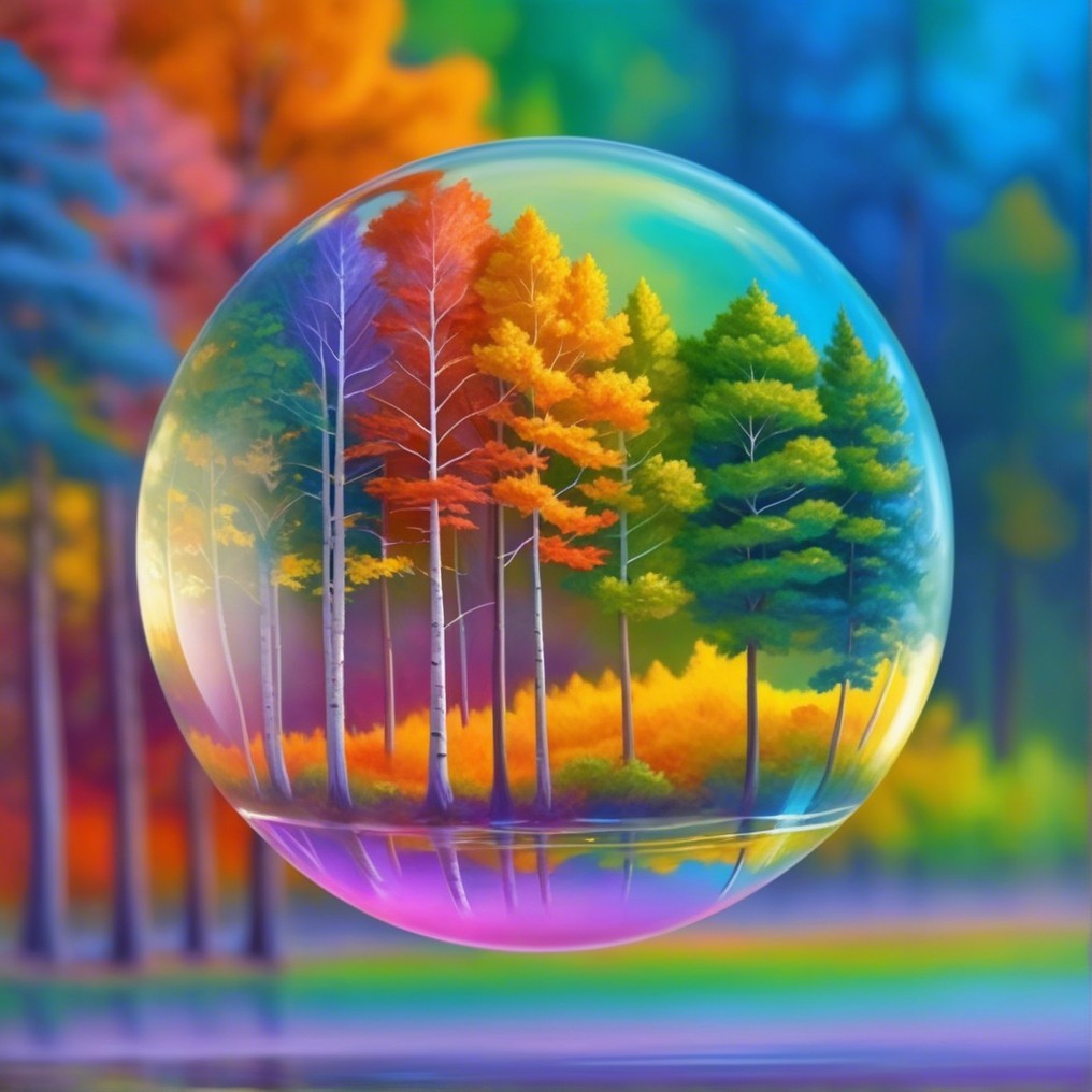 Iridescent Bubble Over a Colorful Forest Scene