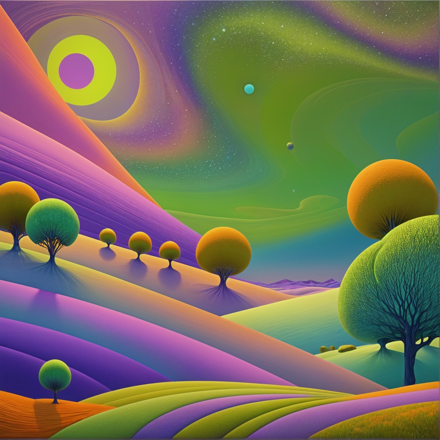 Surreal Landscape with Colorful Hills and Trees