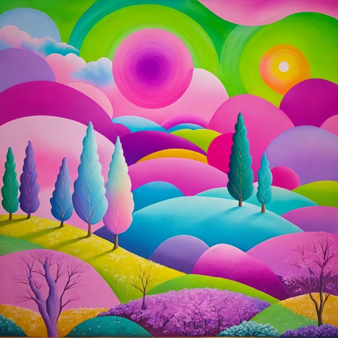 Vibrant Landscape Painting with Dreamy Colors and Shapes