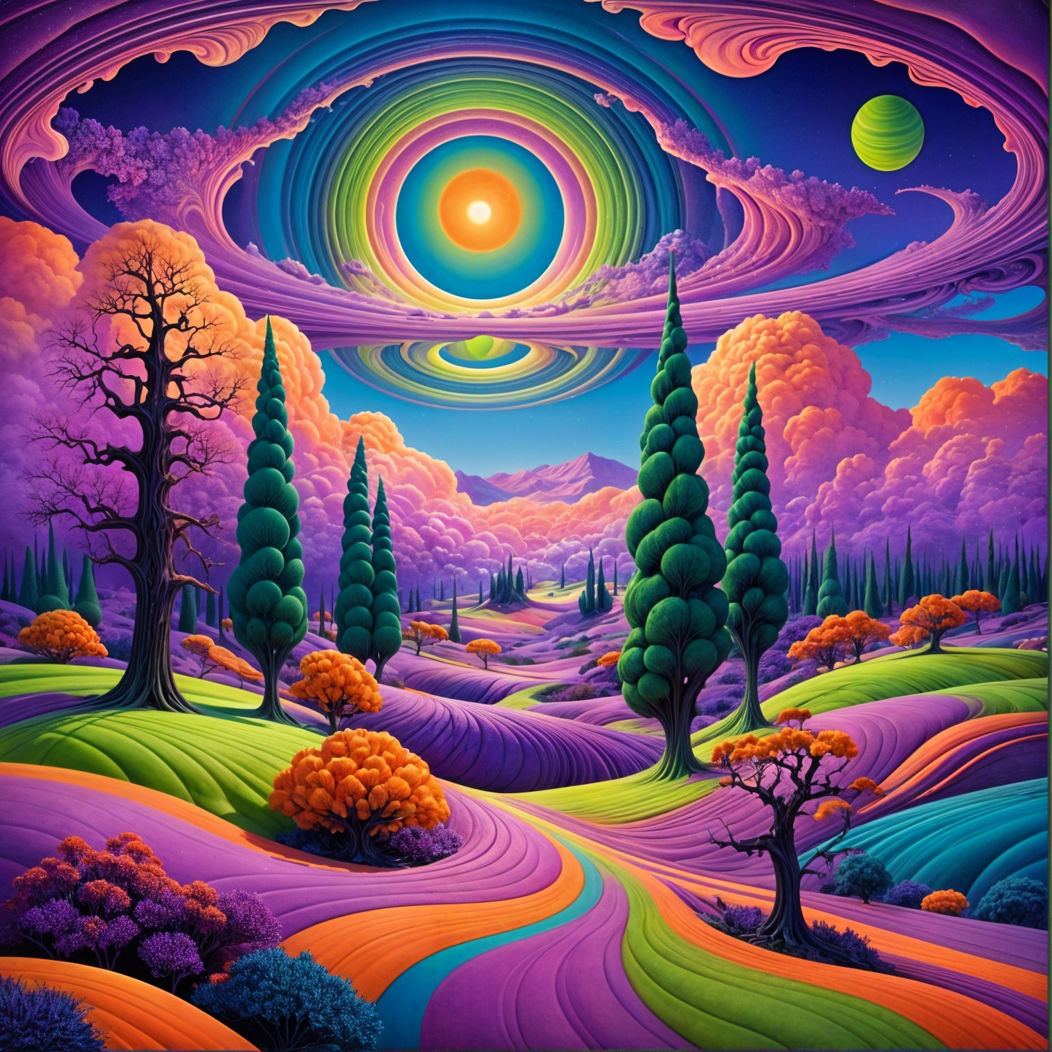 Surreal Landscape with Vivid Colors and Twisting Paths