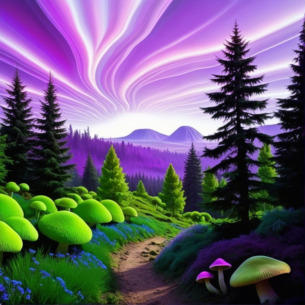 Vibrant Landscape with Colorful Mushrooms and Trees