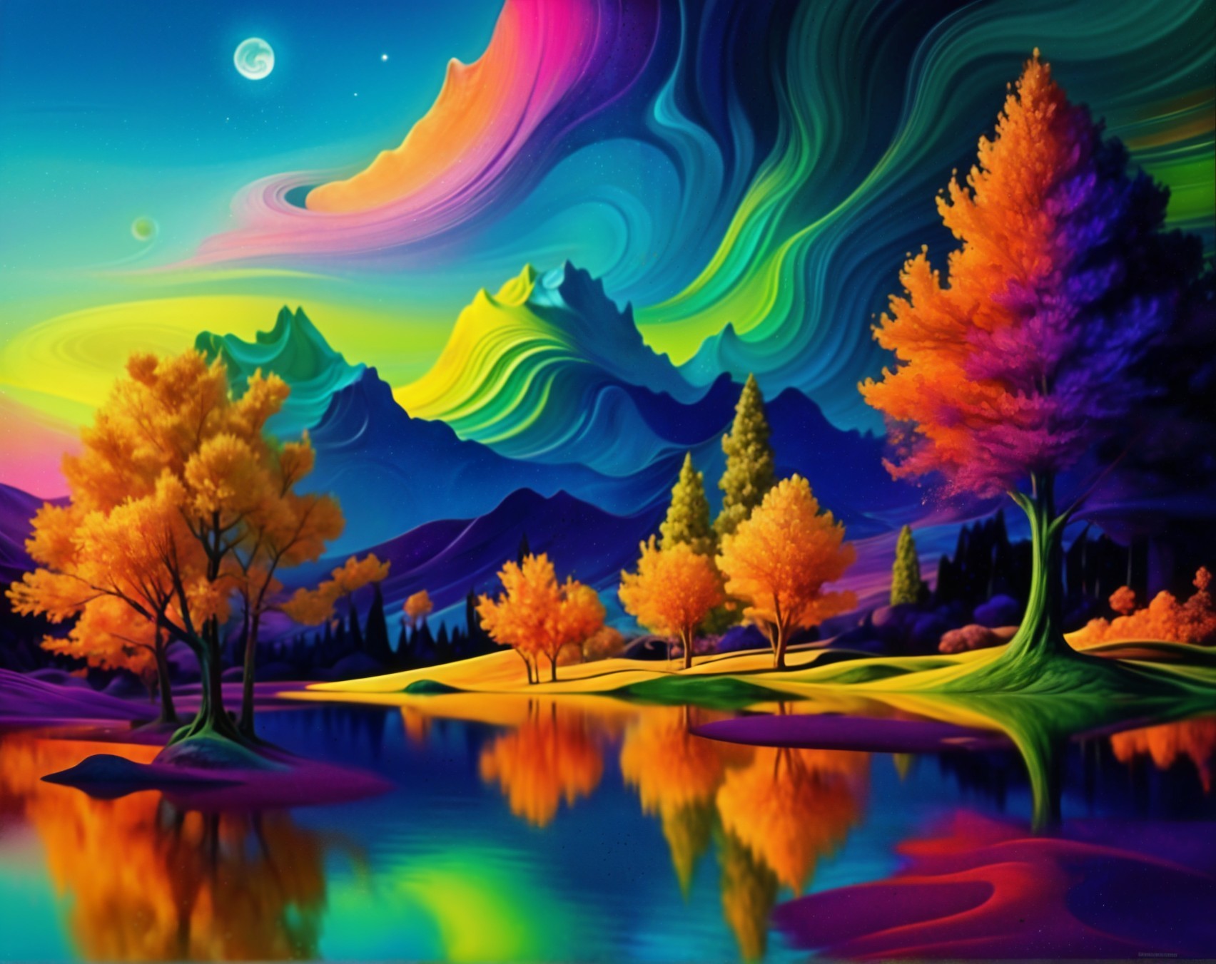 Surreal Landscape with Shimmering Lake and Mountains