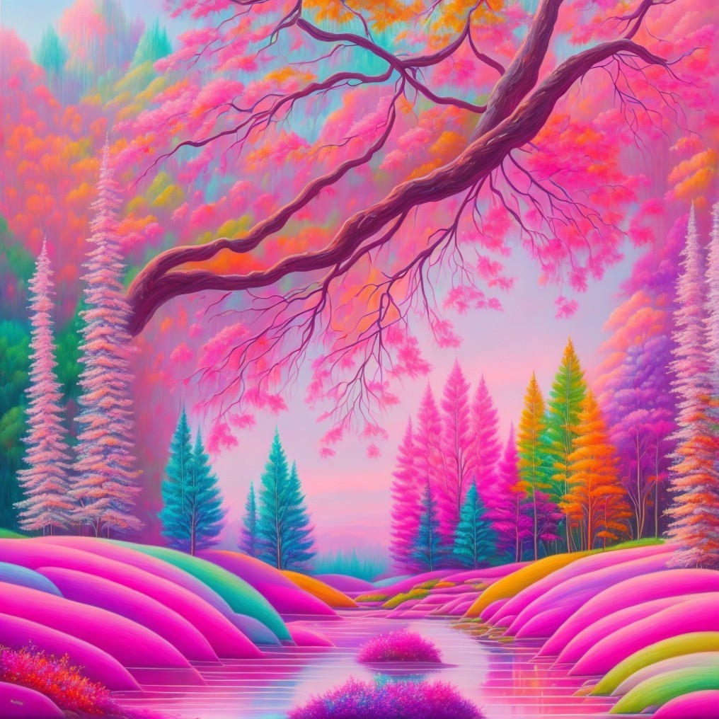 Surreal Landscape with Colorful Trees and Stream