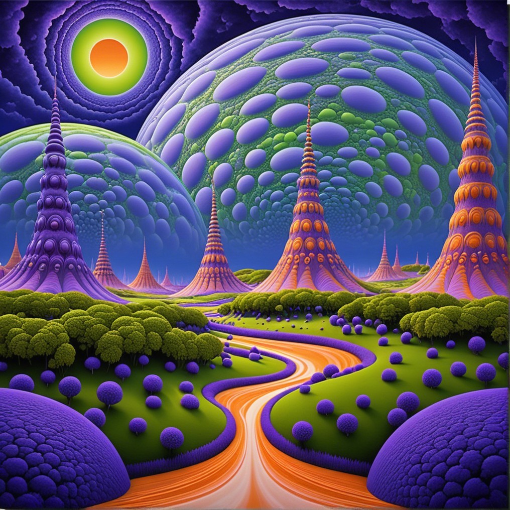 Surreal Landscape with Spire Structures and Glowing Spheres