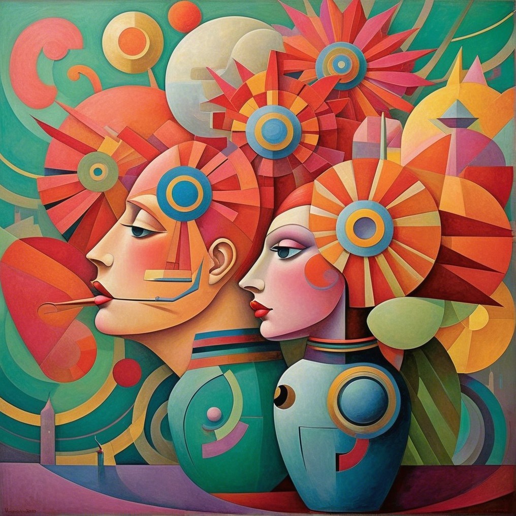 Stylized Human Profiles with Vibrant Background Art