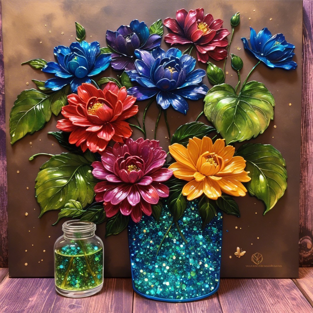 Vibrant Three-Dimensional Floral Arrangement with Glitter