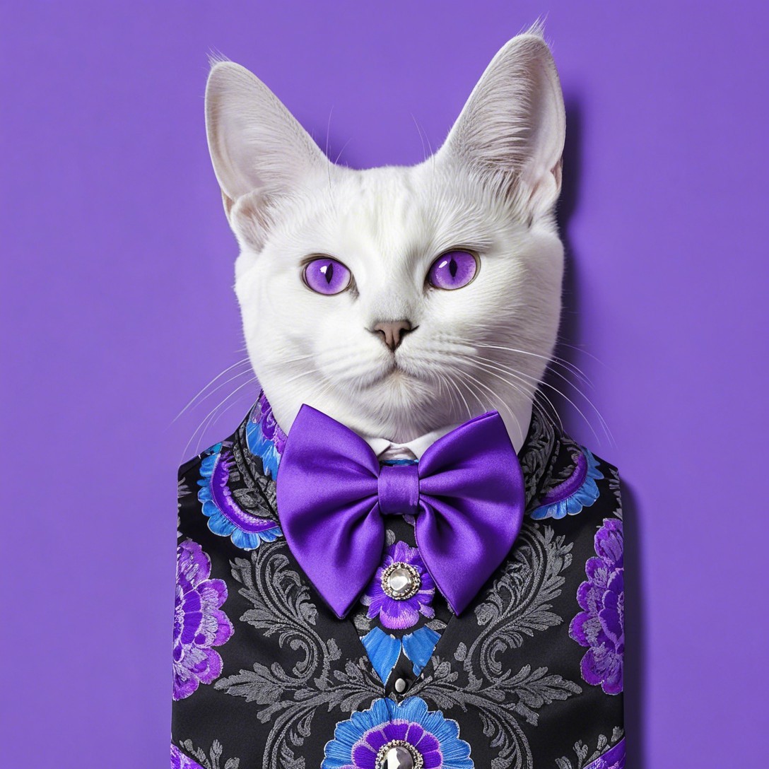 White Cat with Purple Eyes in Elegant Black Vest