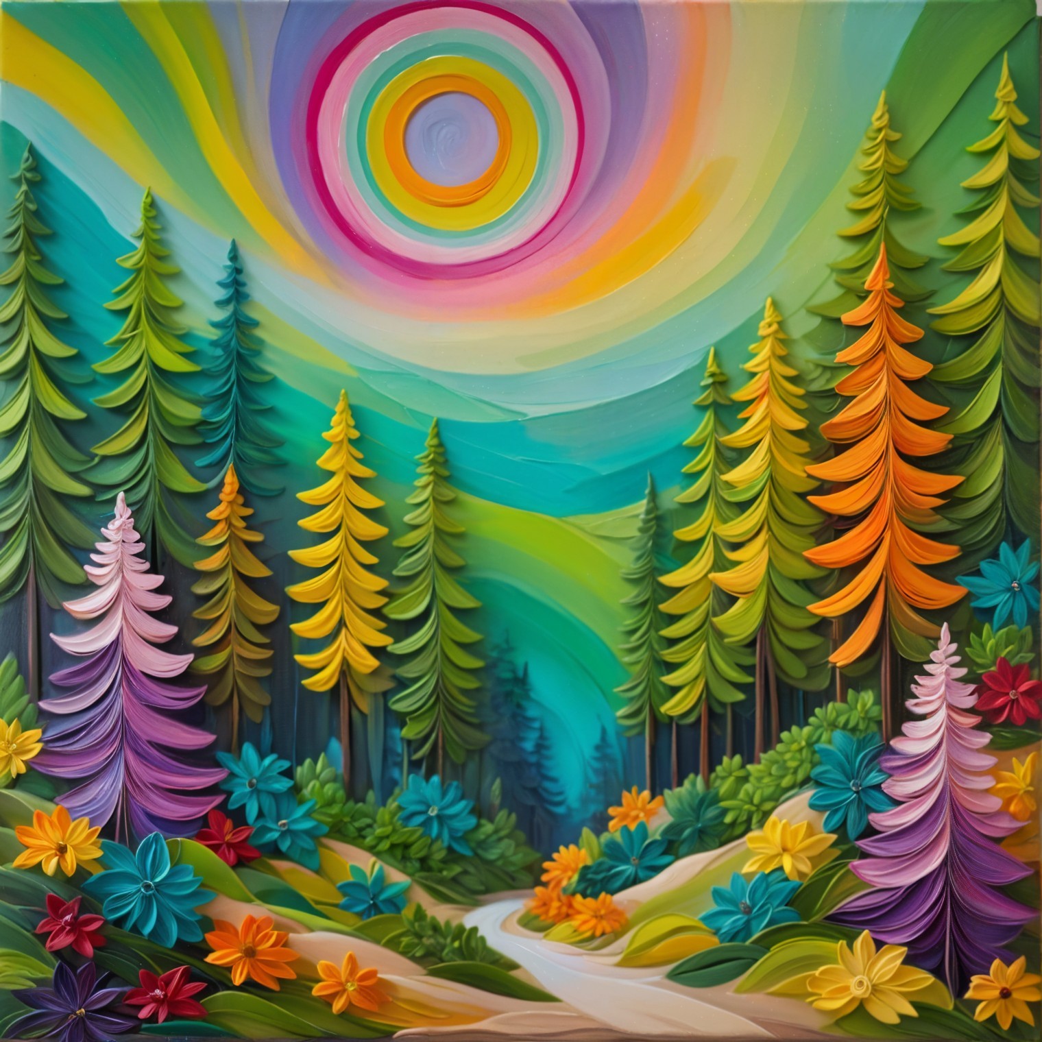 Vibrant Landscape Painting with Whimsical Sky and Trees