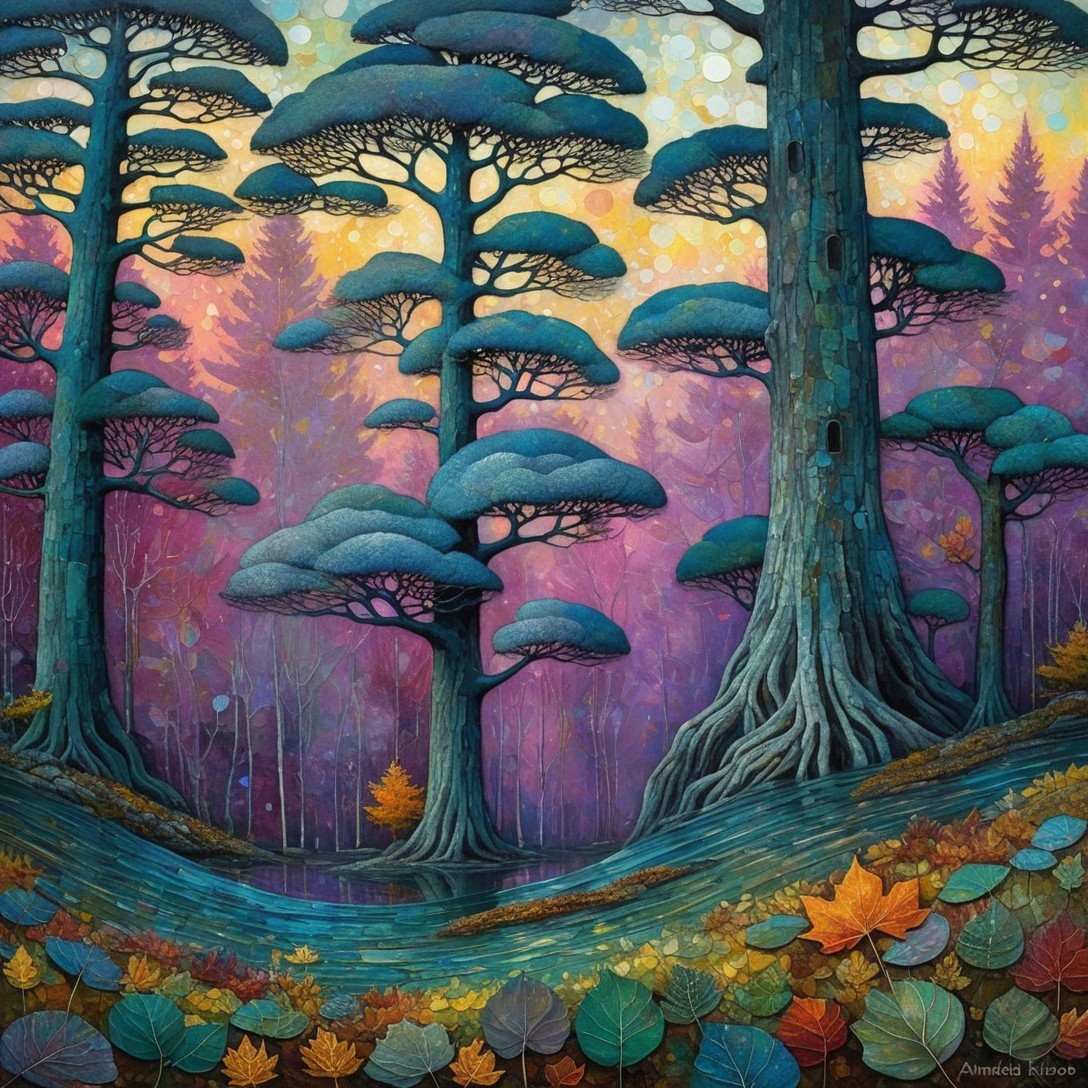 Vibrant Landscape with Stylized Trees and Twilight Sky
