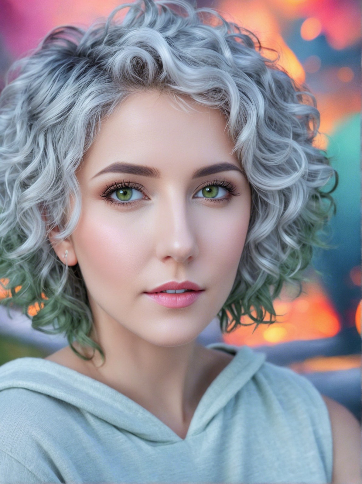 Young woman with greyish-green hair and green eyes