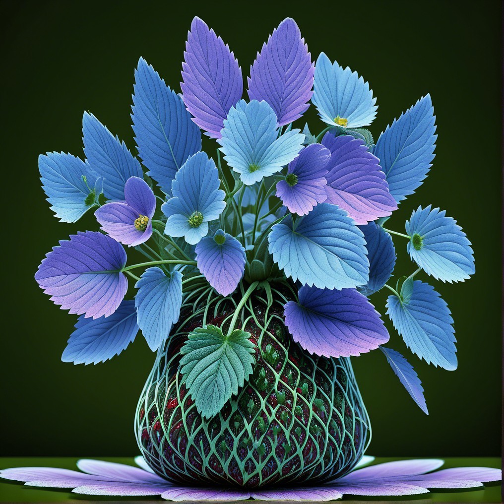 Vibrant Blue and Lavender Leaves in Green Mesh Vase