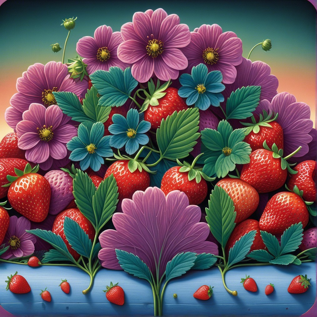 Vibrant Strawberries Surrounded by Colorful Flowers