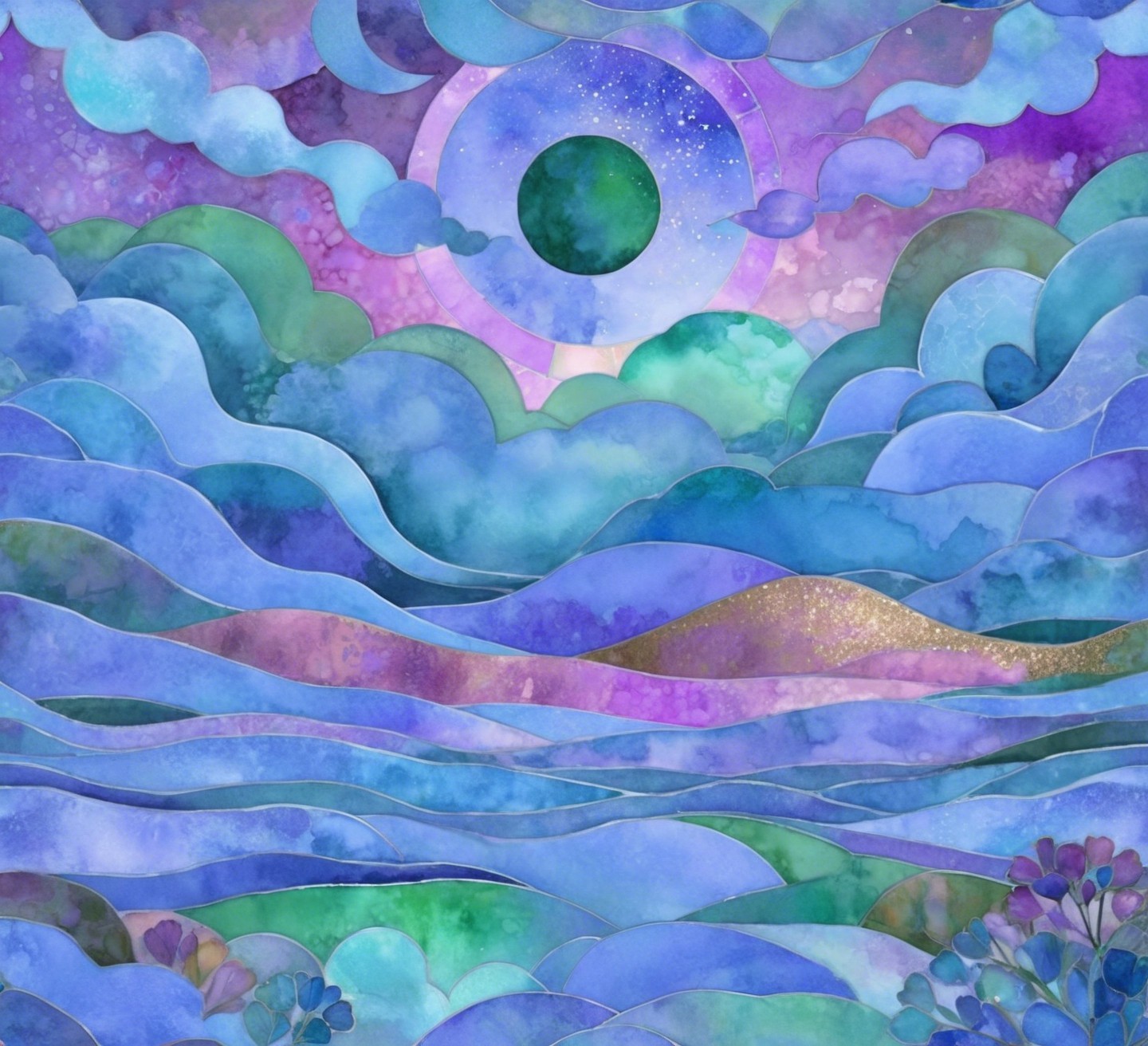 Abstract Impressionistic Landscape with Cosmic Elements