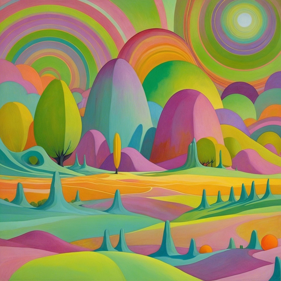 Surreal Landscape with Colorful Rolling Hills and Trees