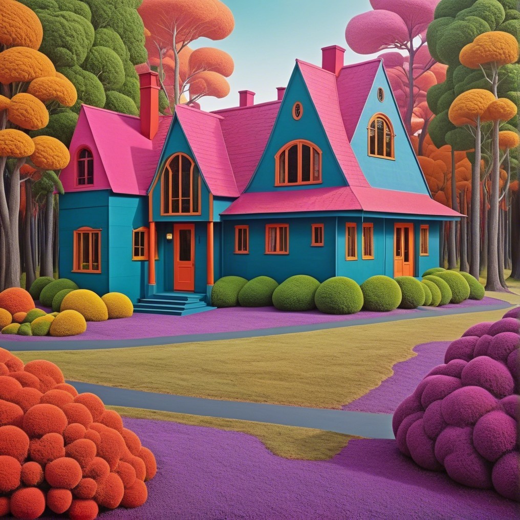 Whimsical House in Vibrant Colors Surrounded by Nature