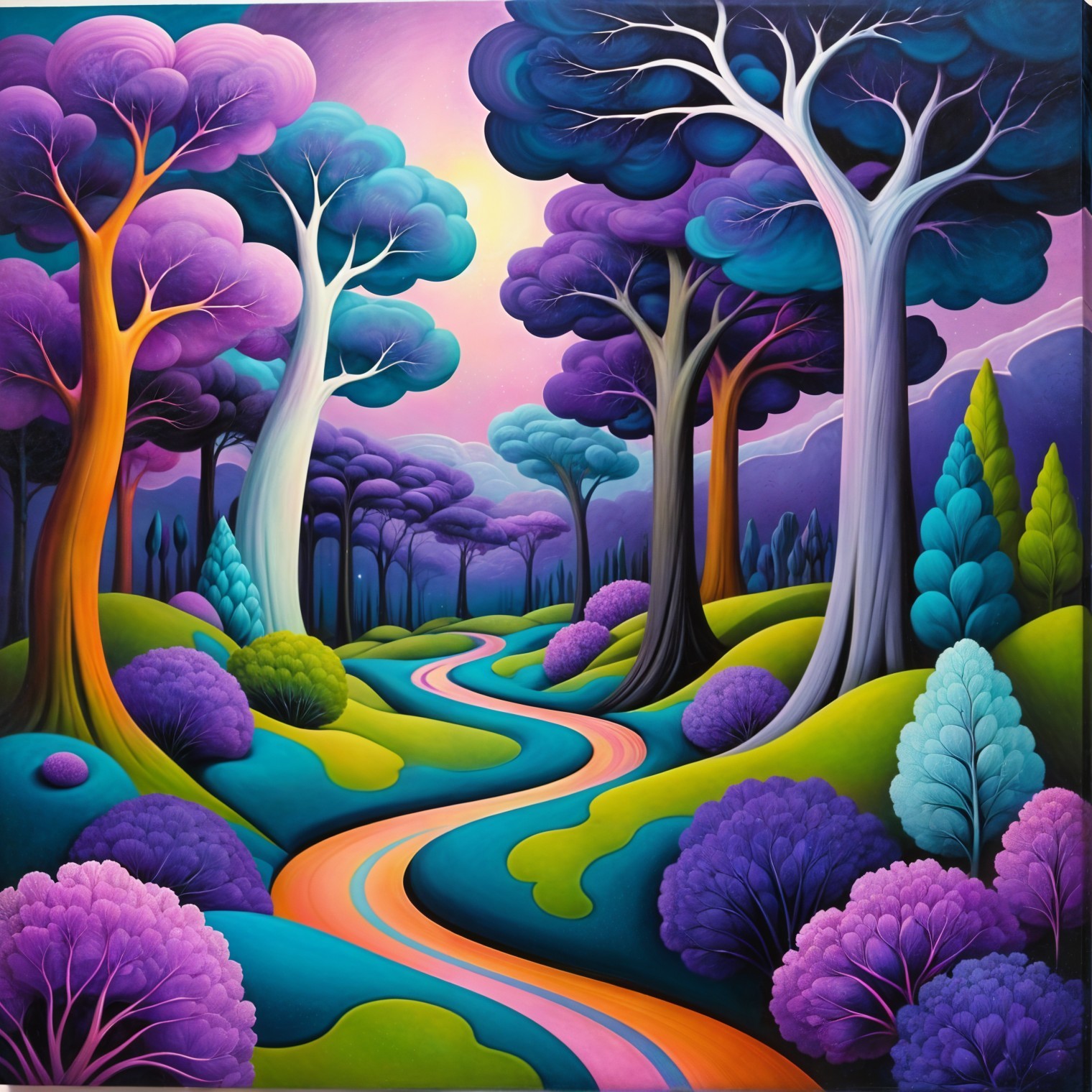 Vibrant Fantasy Landscape with Colorful Foliage and Hills