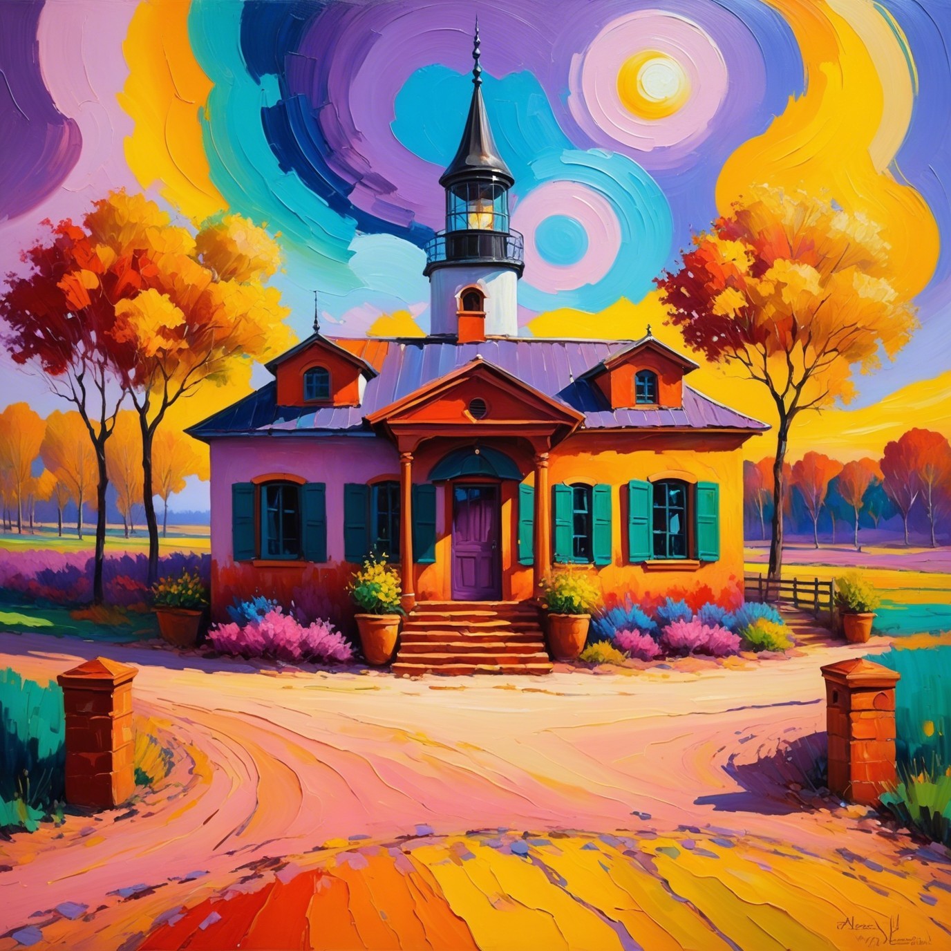 Vibrant Impressionist Painting of a Lighthouse House
