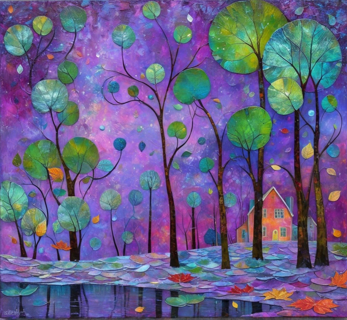 Vibrant Landscape with Whimsical Trees and Purple Sky
