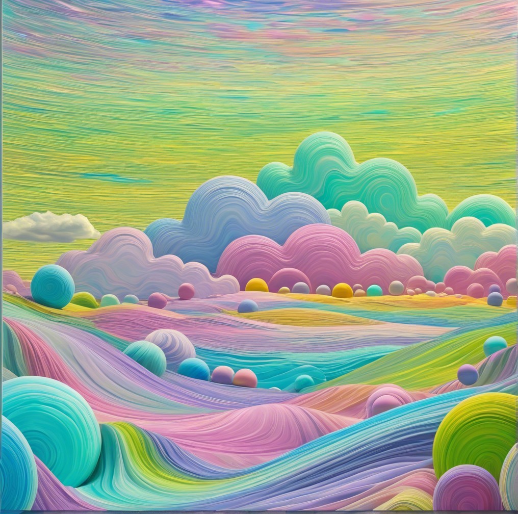 Whimsical Pastel Landscape with Rolling Hills and Clouds