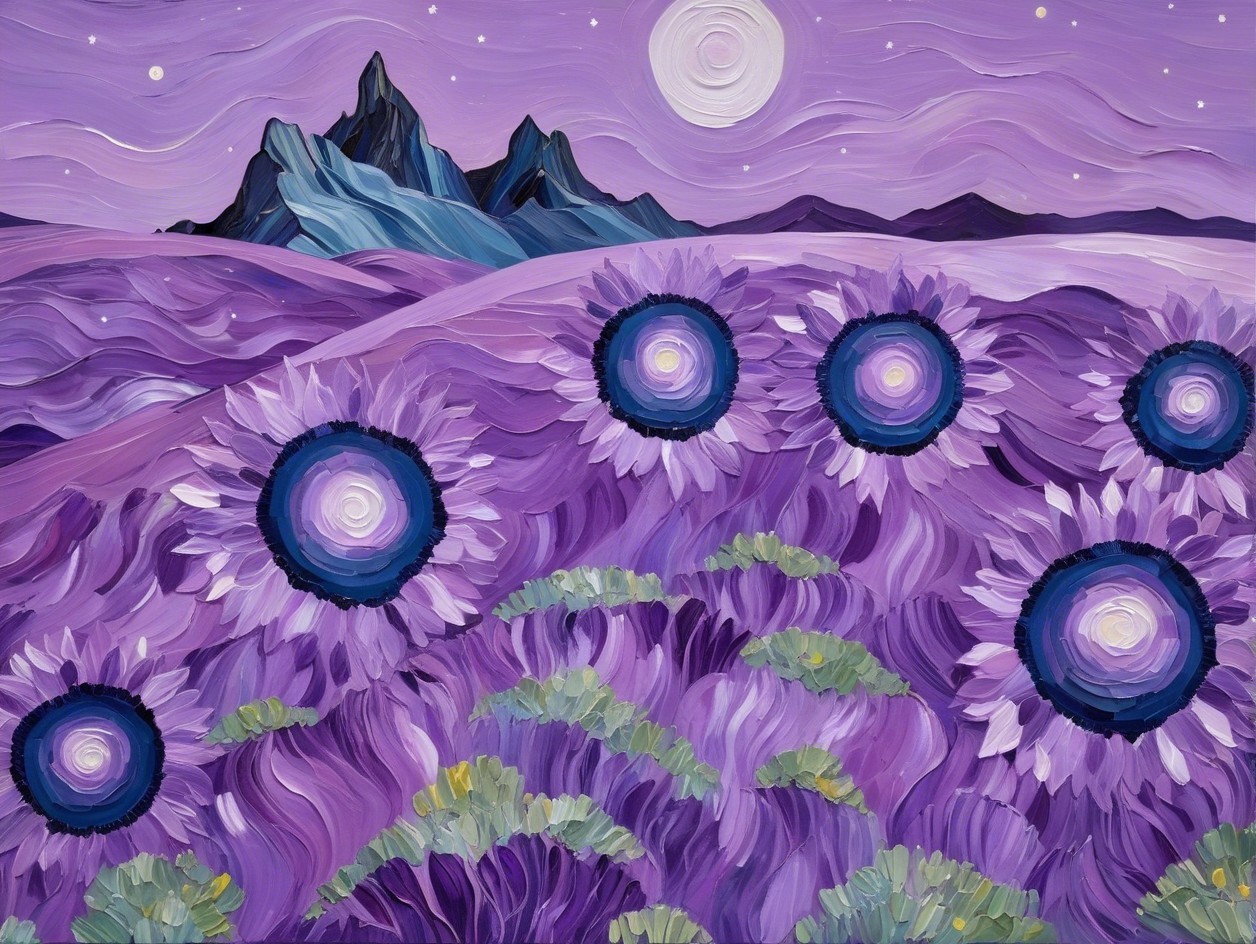 Dreamlike Landscape with Purple Hills and Sunflowers