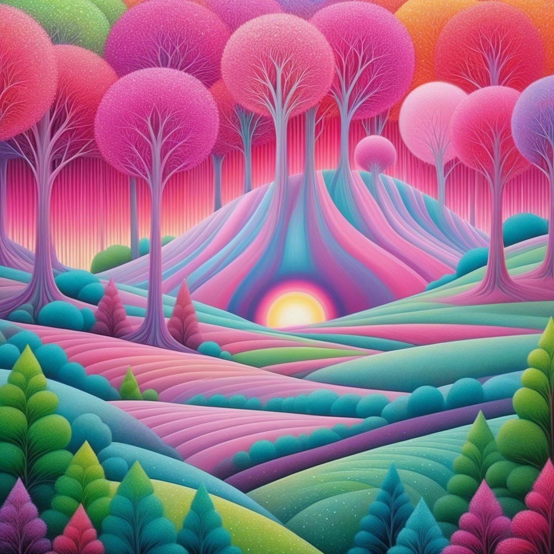 Vibrant Surreal Landscape with Colorful Hills and Trees