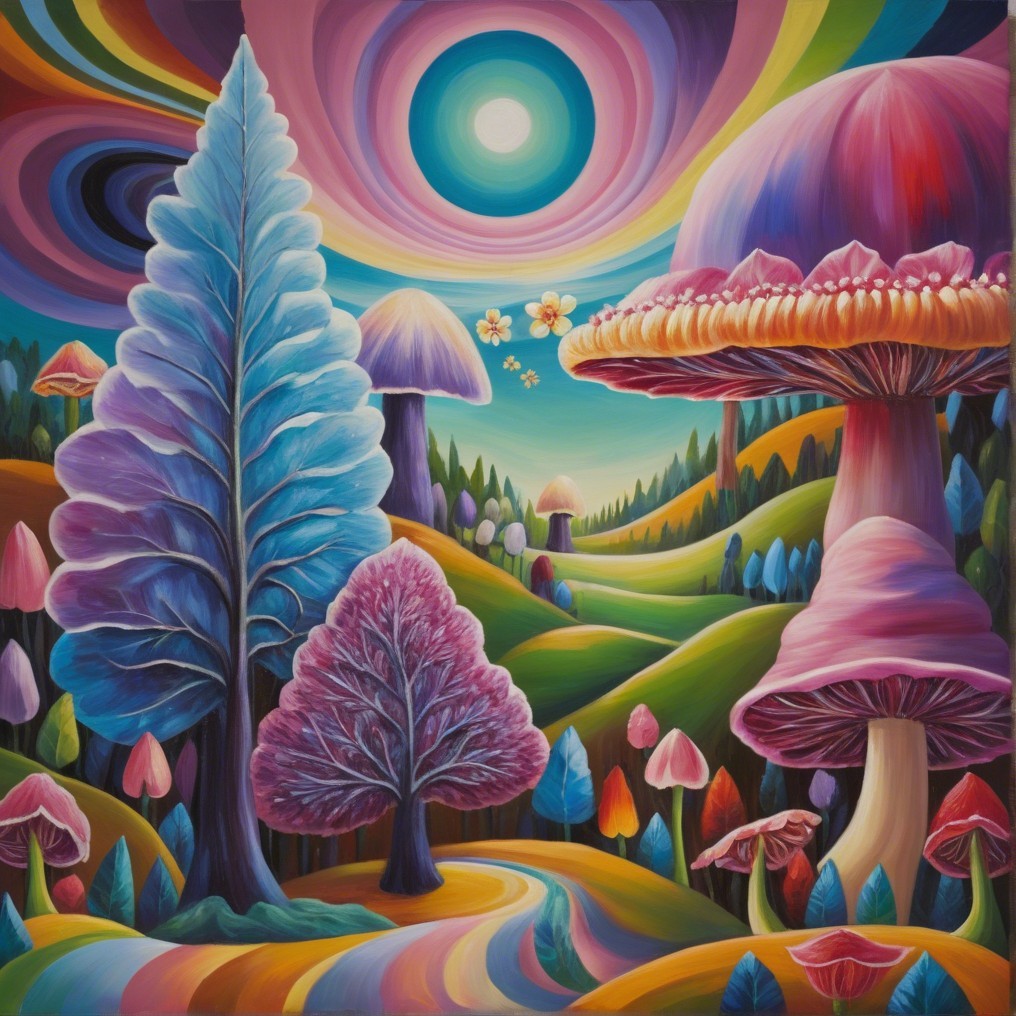Surreal Landscape with Colorful Mushrooms and Trees