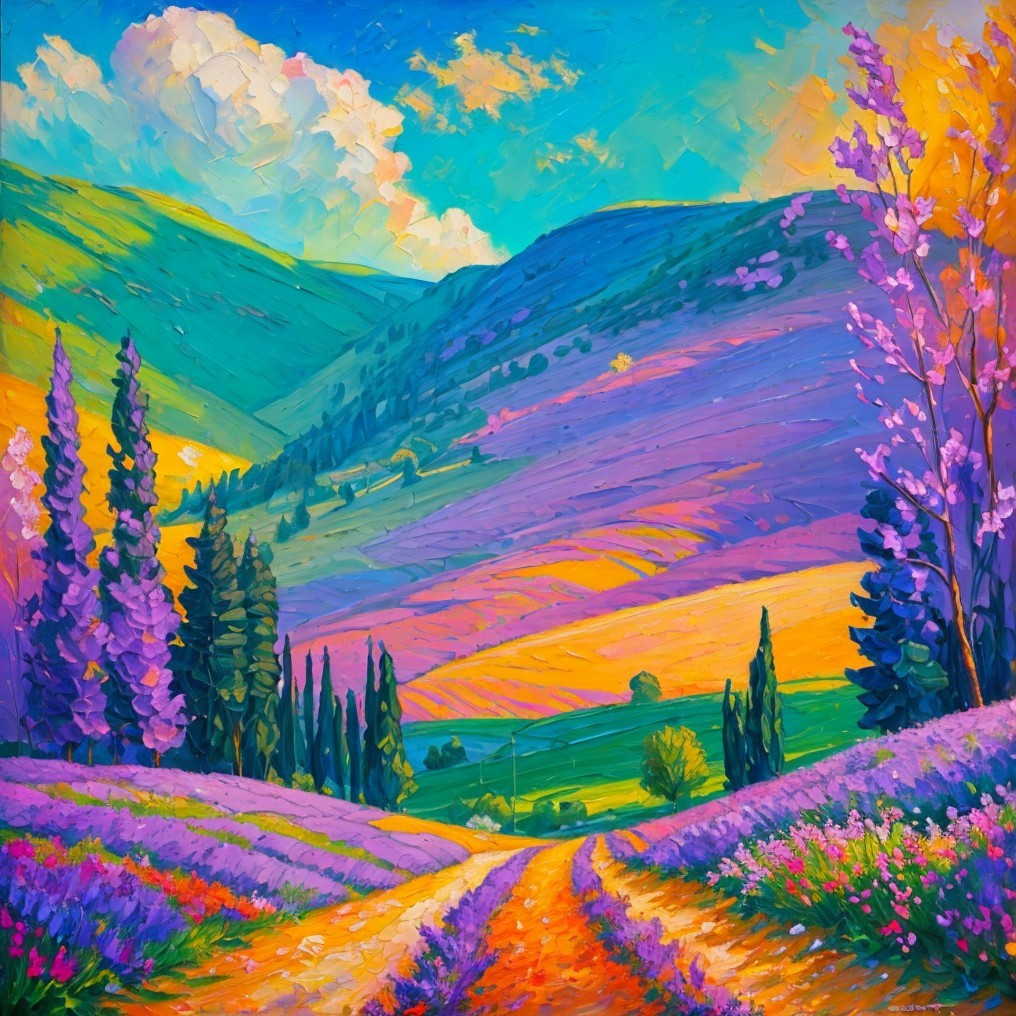 Vibrant Landscape with Purple Hills and Lavender Fields