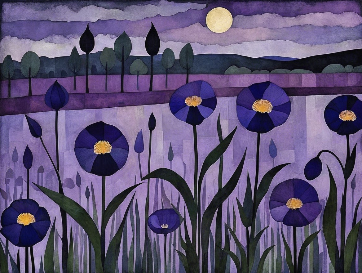 Vibrant Purple Flowers Under Twilight Sky and Moon