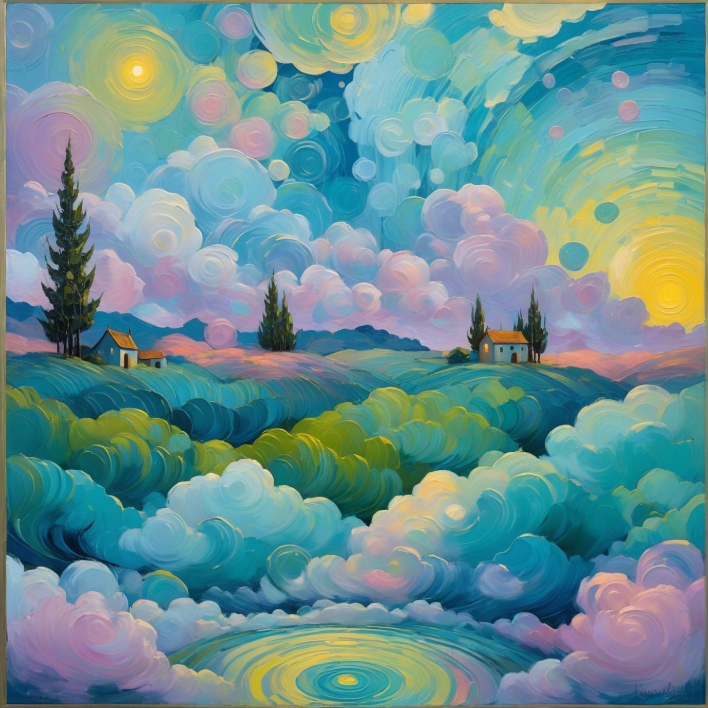 Surreal Landscape with Swirling Colors and Hills