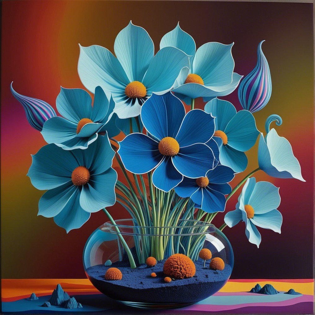 Vibrant Blue Flowers with Orange Centers in Glass Vase