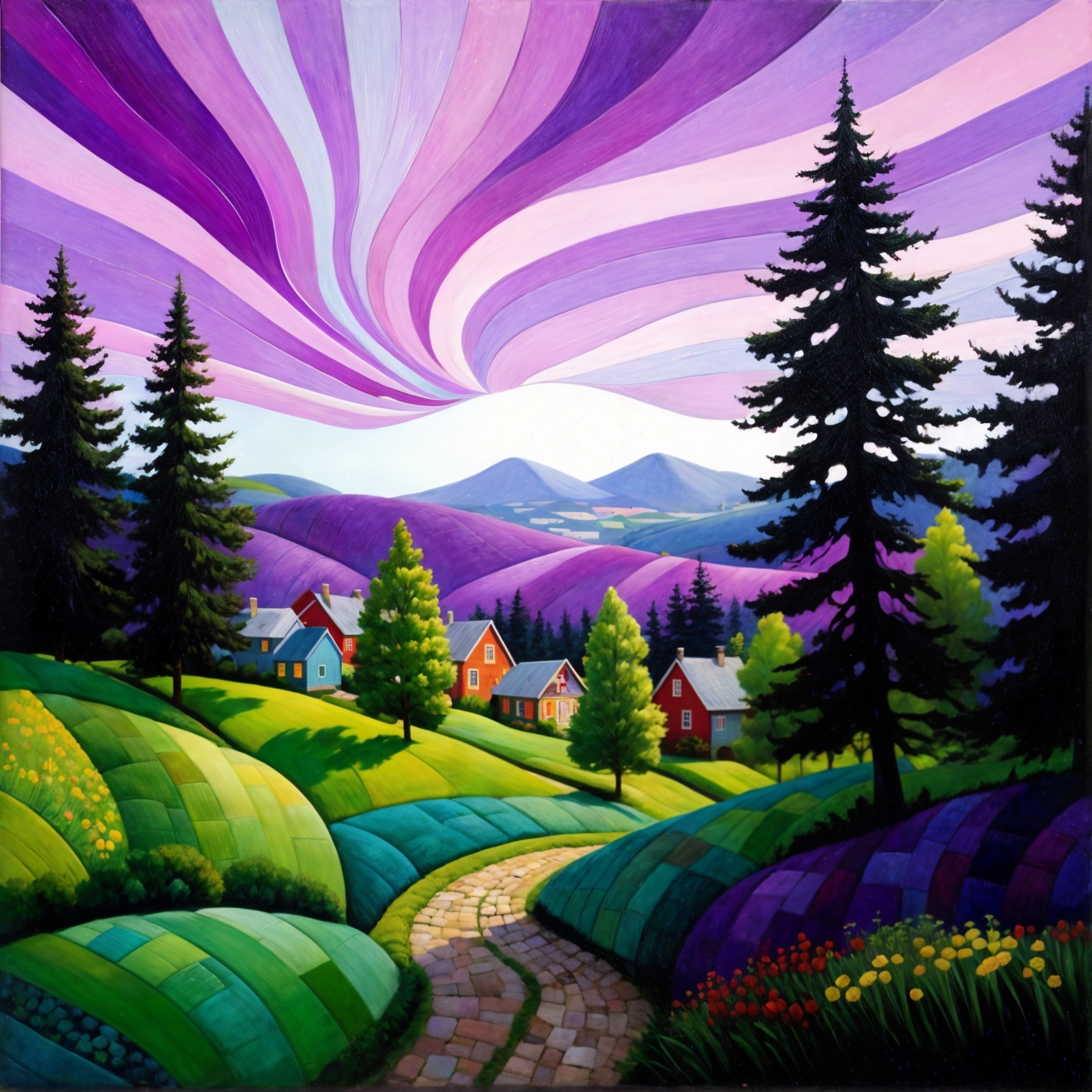 Vibrant Landscape with Colorful Houses and Dramatic Sky