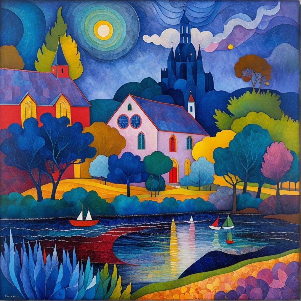 Vibrant Landscape with Lake, Castle, and Sailboats