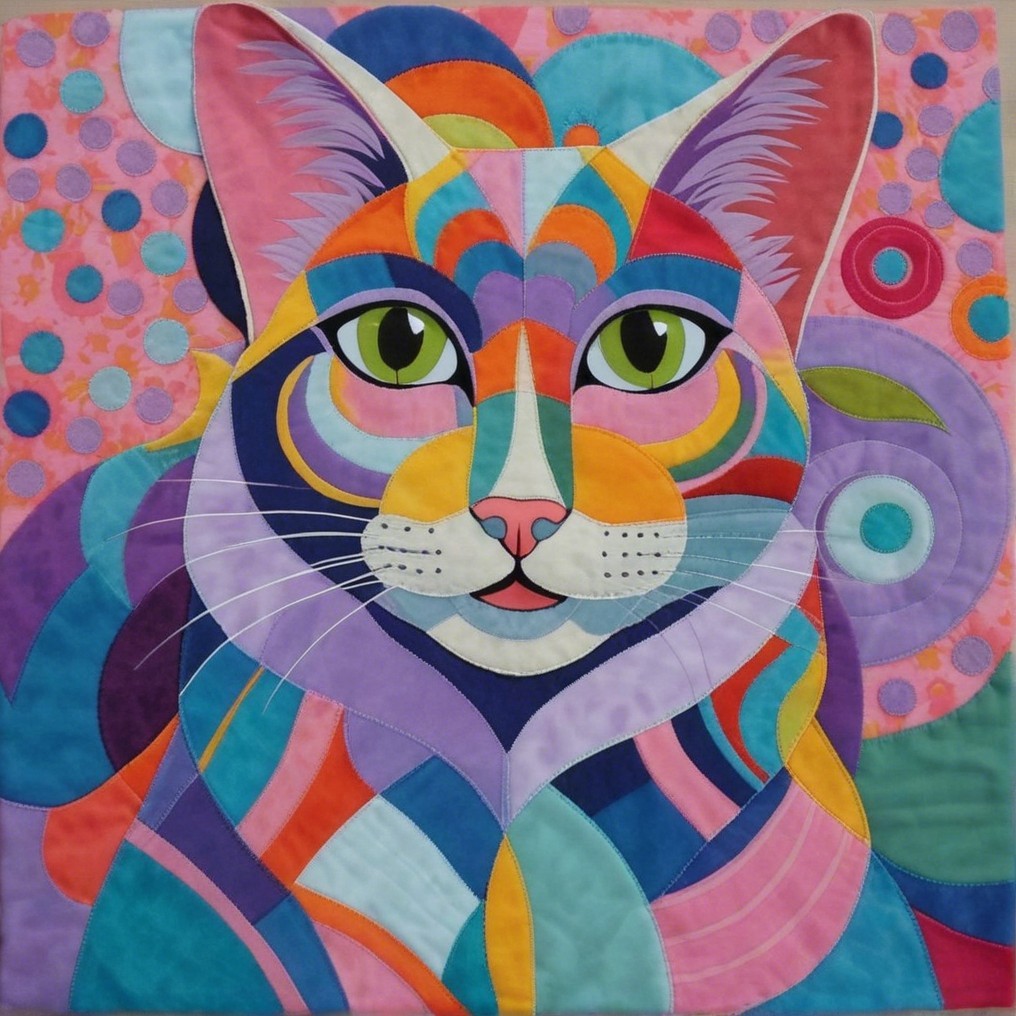 Vibrant Abstract Quilt Design with Cat's Face