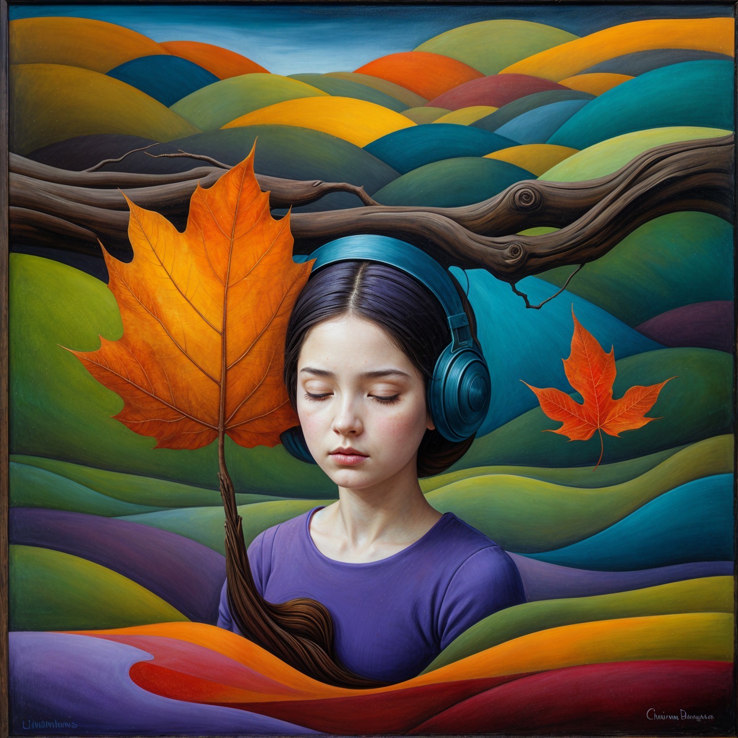 Serene Girl with Headphones in Vibrant Landscape