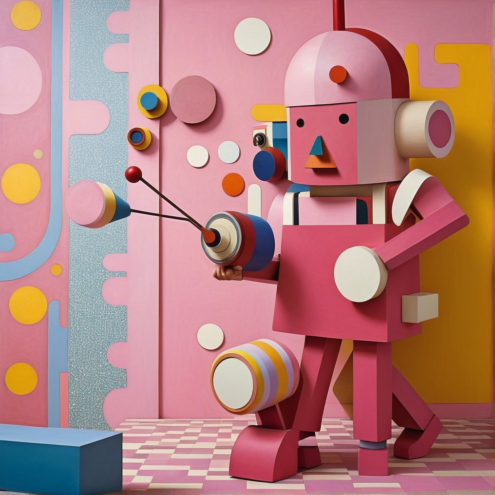 Oversized Whimsical Robot with Vibrant Colors and Shapes
