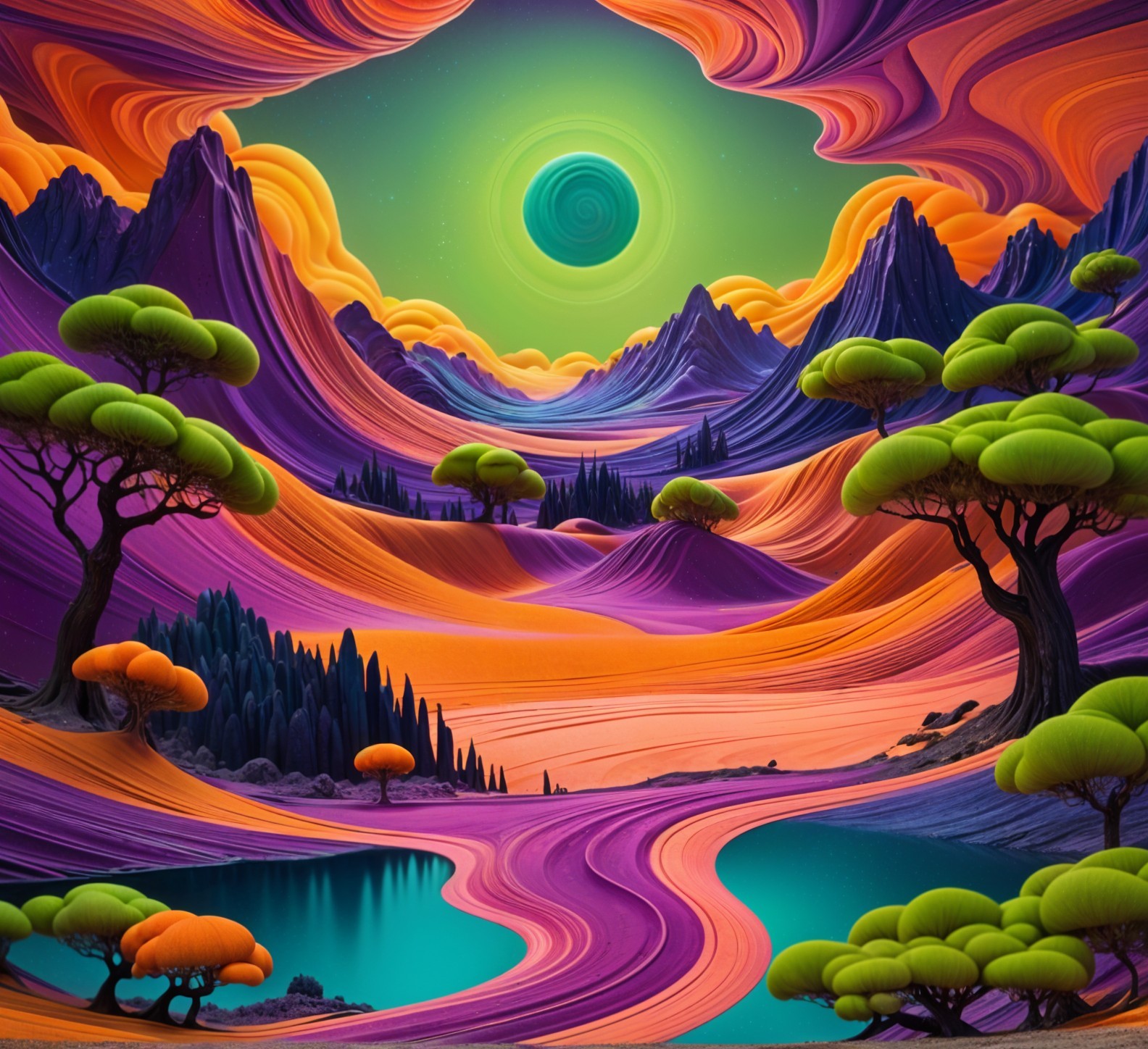 Surreal Landscape with Colorful Hills and Green Sun