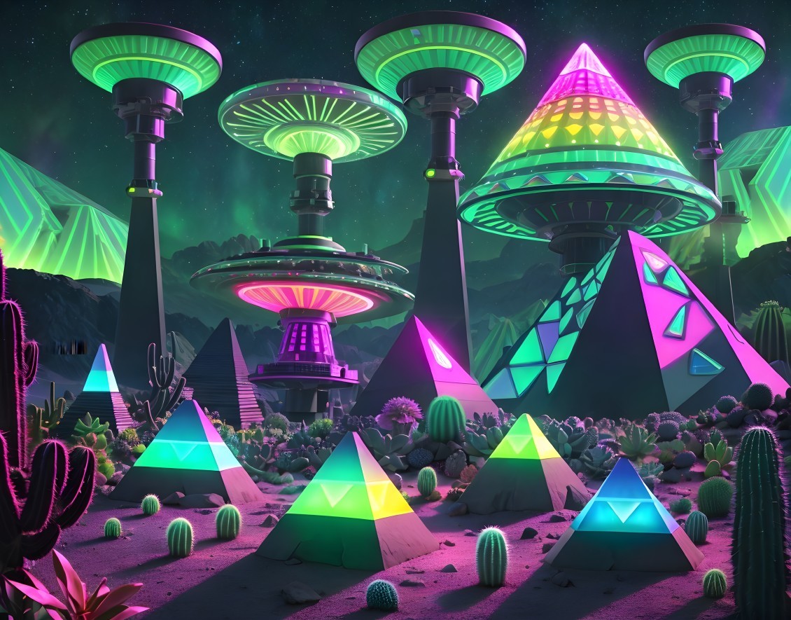 Colorful Crystal Structures and Futuristic Towers in Night Landscape