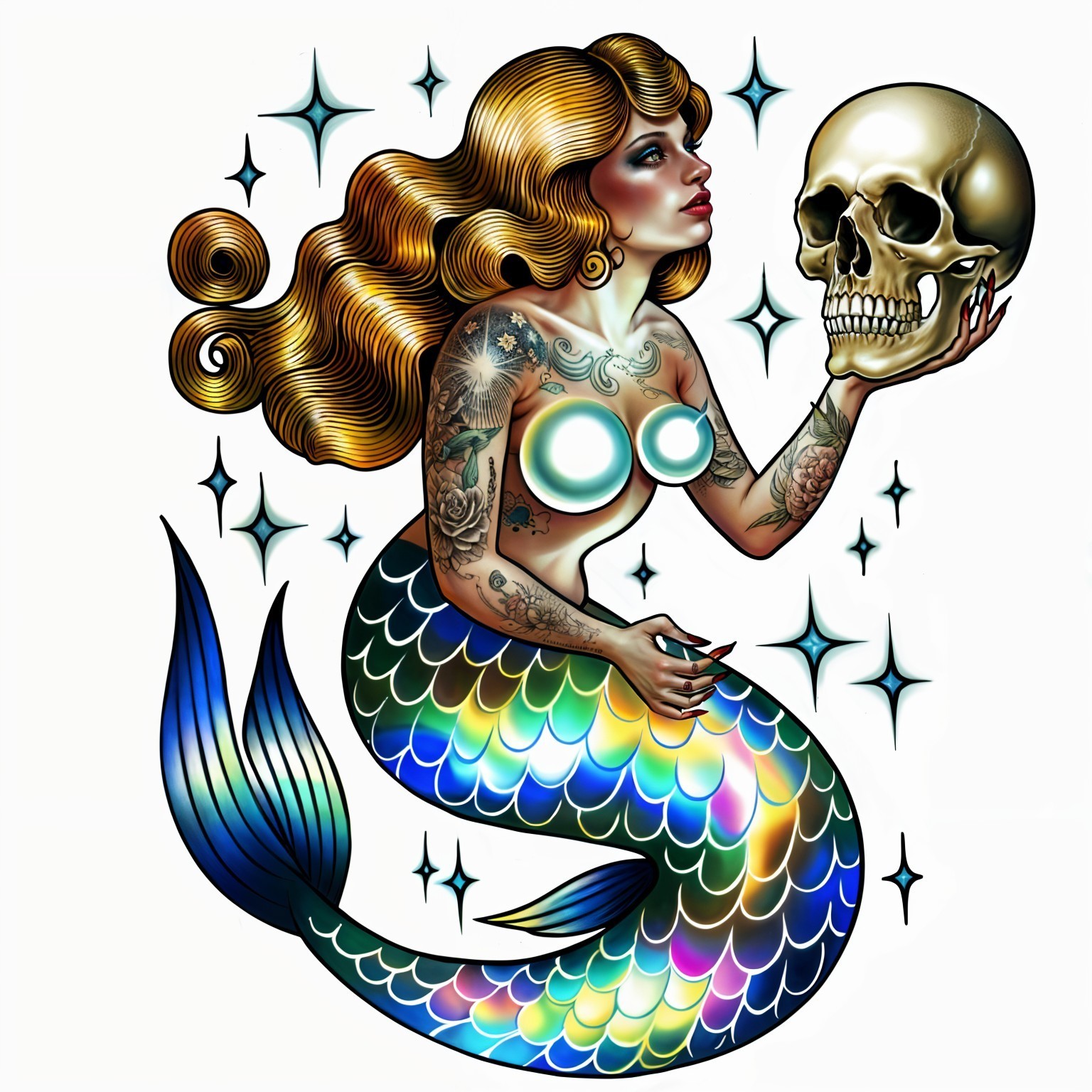 Vibrant Mermaid with Skull and Intricate Tattoos