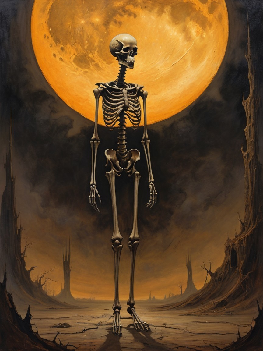 Skeleton Under Large Orange Moon in Desolate Landscape