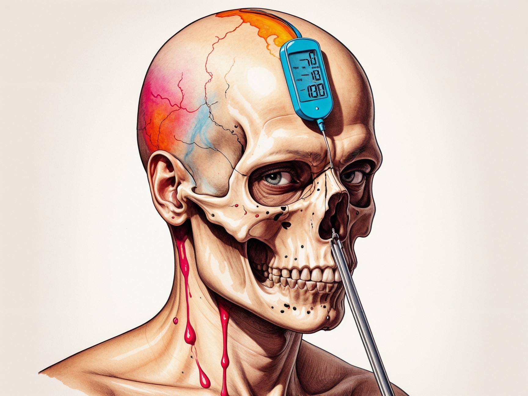 Stylized Human Skull with Vibrant Colors and Blood Drips