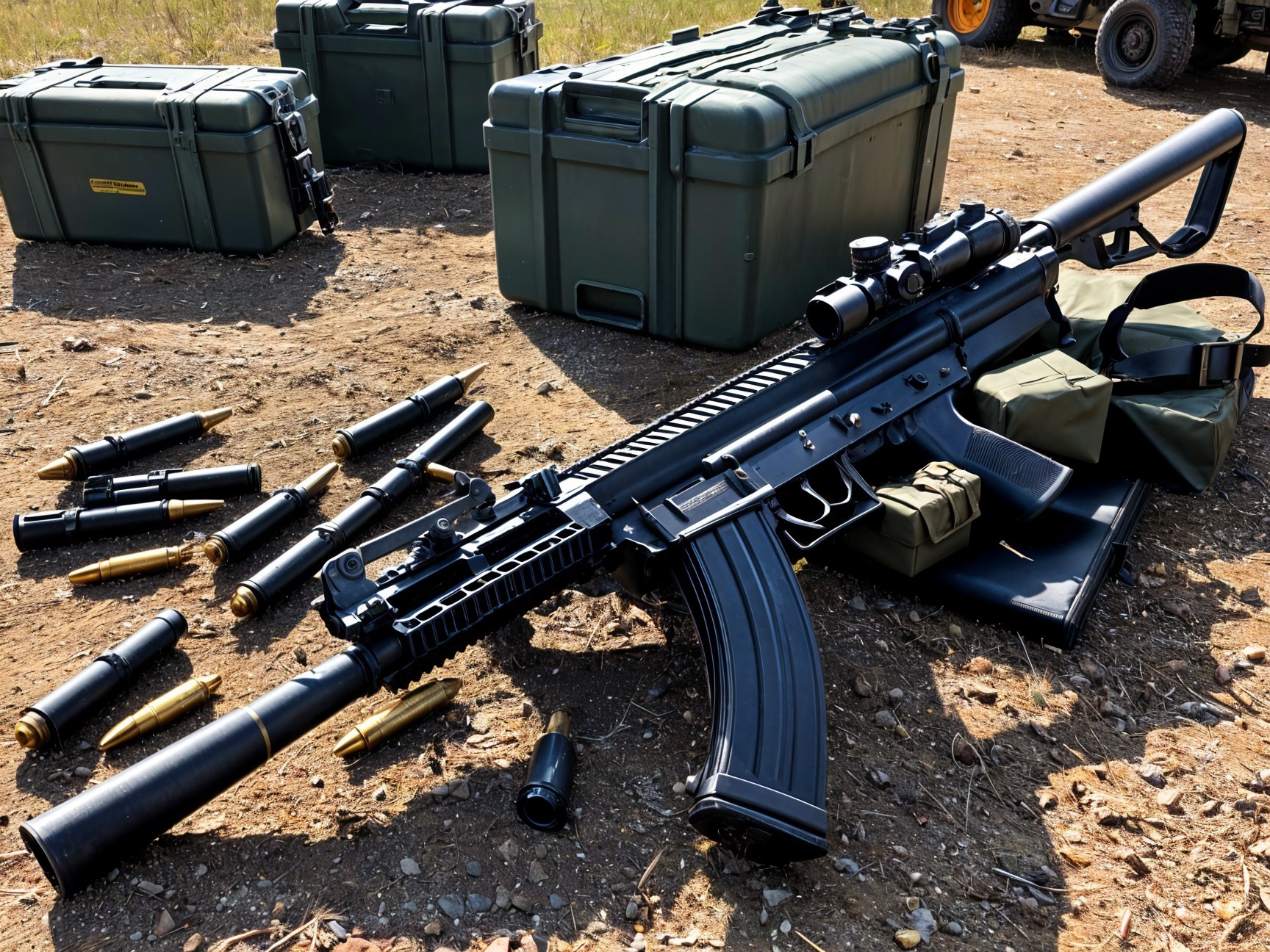 Black Assault Rifle with Ammunition in Outdoor Setting