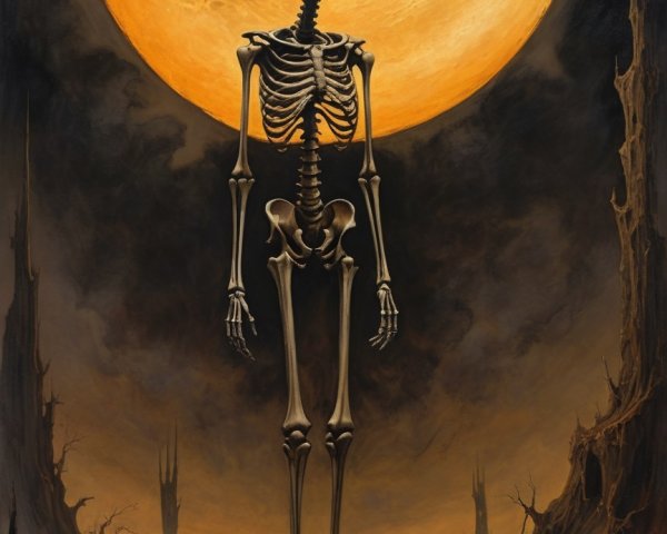 Skeleton Under Large Orange Moon in Desolate Landscape